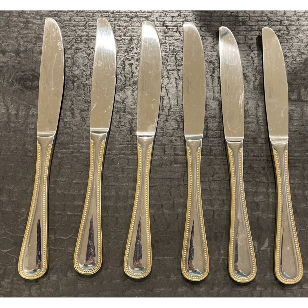 Wallace 18/10 Stainless Gold Royal Bead Set Of 6‎ Dinner Knives Korea Vintage